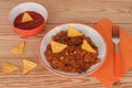 Chili Con Carne With Salsa Sauce And Tortilla Chips
