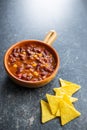 Chili con carne and tortilla chips. Mexican food with beans Royalty Free Stock Photo