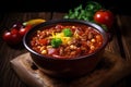 Chili con carne - traditional mexican stew made of ground beef, beans, corn, tomatoes and cilantro.