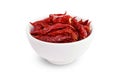 Chili, Dried red chillies in a white cup on white background, Chilli red Spicy hot flavor Royalty Free Stock Photo