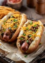 Chili hot dogs with shredded cheddar cheese and chopped green onions Royalty Free Stock Photo