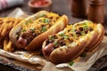 Chili hot dogs with shredded cheese and chopped green onions Royalty Free Stock Photo