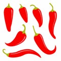 Chili hot pepper icon set. Fresh red chili cayenne peppers. Hot food spices. Flat design. White background. Isolated Royalty Free Stock Photo