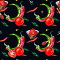 Chili hot peppers and tomatoes watercolor seamless pattern isolated on dark. Royalty Free Stock Photo