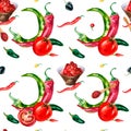 Chili hot peppers and tomatoes watercolor seamless pattern isolated on white. Royalty Free Stock Photo