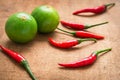 Chili and lime on wooden table, Asian herb and spicy