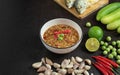 Chili paste thai language Nam prik kapi in a white bowl with ingredients and Fried steam mackerel on the table