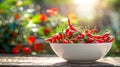 chili pepper in a bowl in a white bowl on a wooden table. Selective focus Royalty Free Stock Photo