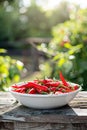 chili pepper in a bowl in a white bowl on a wooden table. Selective focus Royalty Free Stock Photo
