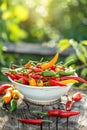 chili pepper in a bowl in a white bowl on a wooden table. Selective focus Royalty Free Stock Photo