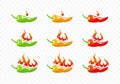 Chili pepper with fire flame for heat pepper scale from low to high logo design. Hot fire chili, spicy pepper heat scale rating
