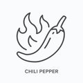 Chili pepper flat line icon. Vector outline illustration of hot jalapeno and fire. Black thin linear pictogram for