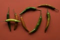 Chili pepper form a word HOT on a red background Royalty Free Stock Photo