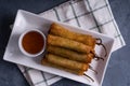 Chili pepper with ground pork and creamy cheese wrapped in rice paper Royalty Free Stock Photo