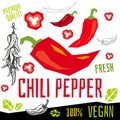 Chili pepper icon label fresh organic vegetable, vegetables nuts herbs spice condiment color graphic design vegan food.