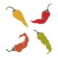 Chili pepper pod icons set. Hot pepper color silhouette. Asian or Mexican cuisine