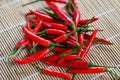 Chili pepper, Red hot chilli peppers on wooden background. Close up group of ripe red chilli Royalty Free Stock Photo