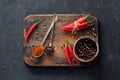 Chili peppers and assorted dry peppers Royalty Free Stock Photo