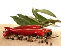Chili peppers and bay leaf Royalty Free Stock Photo