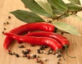 Chili peppers and bay leaf Royalty Free Stock Photo