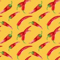 Chili peppers hand drawn seamless pattern on yellow. Manual illustration in gouache. Natural background for wallpaper, background
