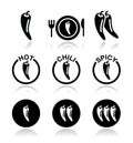 Chili peppers, hot and spicy food icons set