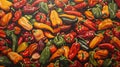 Chili peppers pattern is overcrowded. Photorealism.