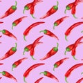 Chili peppers on pink background hand drawn seamless pattern. Manual illustration in gouache. Natural background for wallpaper,