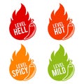 Chili peppers scale mild, spicy, hot and hell icons. Eps10 Vector Royalty Free Stock Photo