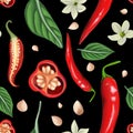 Chili peppers seamless pattern on a black background. Peppers, leaves, flowers and seeds. Digital art, oil imitation. Raster,