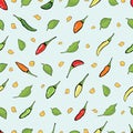 Chili peppers ,seed and leaves on blue background