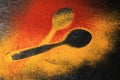 Chili powder and turmeric in a vintage spoon on a dark background