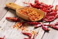 Chili powder in a wooden spoon, dried chili peppers and red paprika, spicy, healthy food, top view Royalty Free Stock Photo