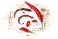 Chili, red pepper flakes, corns and chili powder Royalty Free Stock Photo