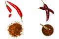 Chili, red pepper flakes, corns and chili powder Royalty Free Stock Photo