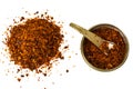 Chili, red pepper flakes, corns and chili powder Royalty Free Stock Photo