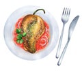 Chili Rellenos with salsa roja and cotija cheese watercolor