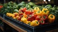 Chili in a shelf, Colorful fresh green pepper or bell pepper in display shelf ready to be sold in supermarket