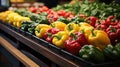 Chili in a shelf, Colorful fresh green pepper or bell pepper in display shelf ready to be sold in supermarket