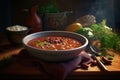 Chili Soup with Red Beans, Bean Minestrone, Vegetarian Chili Bean Stew Bowl, Abstract Generative AI Illustration