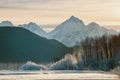 Chilkat River and Mountains in snow on a sunrise. Royalty Free Stock Photo