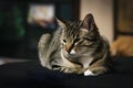 Chill domestic short haired cat relaxing on dark fabric, looking contemplative in indoor setting