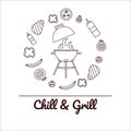 Chill and Grill party. Vector illustration with grill in circle of vegetables and various meat.