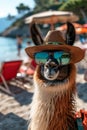 Chill llama in shades and hat sunbathing on beach vacation concept with room for text Royalty Free Stock Photo