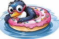 Chill penguin with stylish sunglasses relaxing on a colorful donut shaped float in the sparkling sea