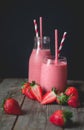 chill and relax time with strawberry smoothie with wood background and copy space