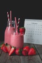 chill and relax time with strawberry smoothie with wood background and copy space