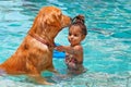 Chilld with dog in swimming pool