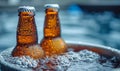 Chilled beer bottles in a metal bucket with ice cubes on a rustic wooden table, inviting celebration and social gathering in Royalty Free Stock Photo