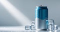 Chilled beverage can with ice cubes and water droplets Royalty Free Stock Photo